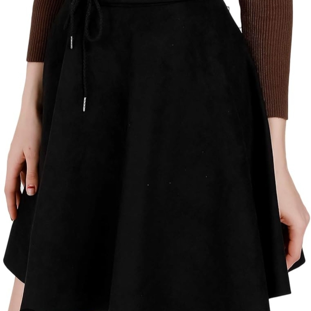 Black Midi Skater Skirt with Tie Front